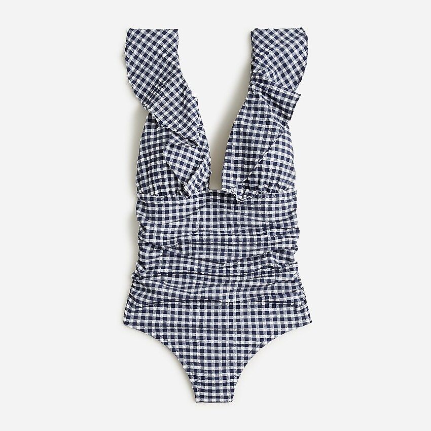 Ruffle V-neck ruched one-piece swimsuit in classic gingham | J.Crew US