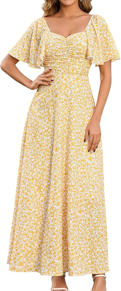 GLNEGE Women’s Summer Floral Maxi Dress Casual Short Sleeve V Neck A-Line Flowy Dresses Beach W... | Amazon (US)