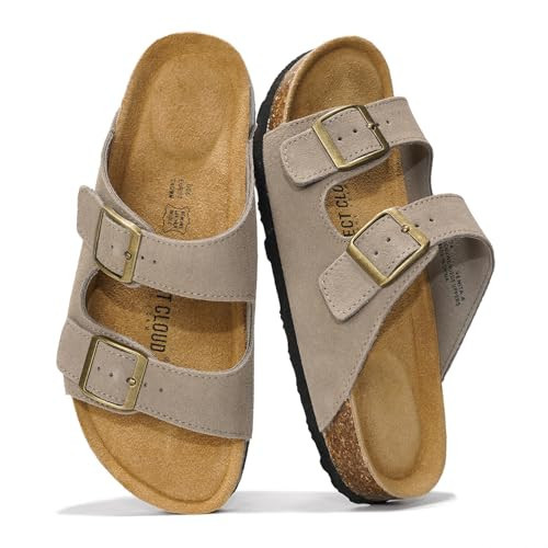Project Cloud 100% Genuine Leather Flat Sandals For Women 2026 Cork Footbed Womens Sandals with Memory Foam and arch support Vacation Essentials Slides for Women Footwear (Venita, greysu, 8) | Amazon (US)