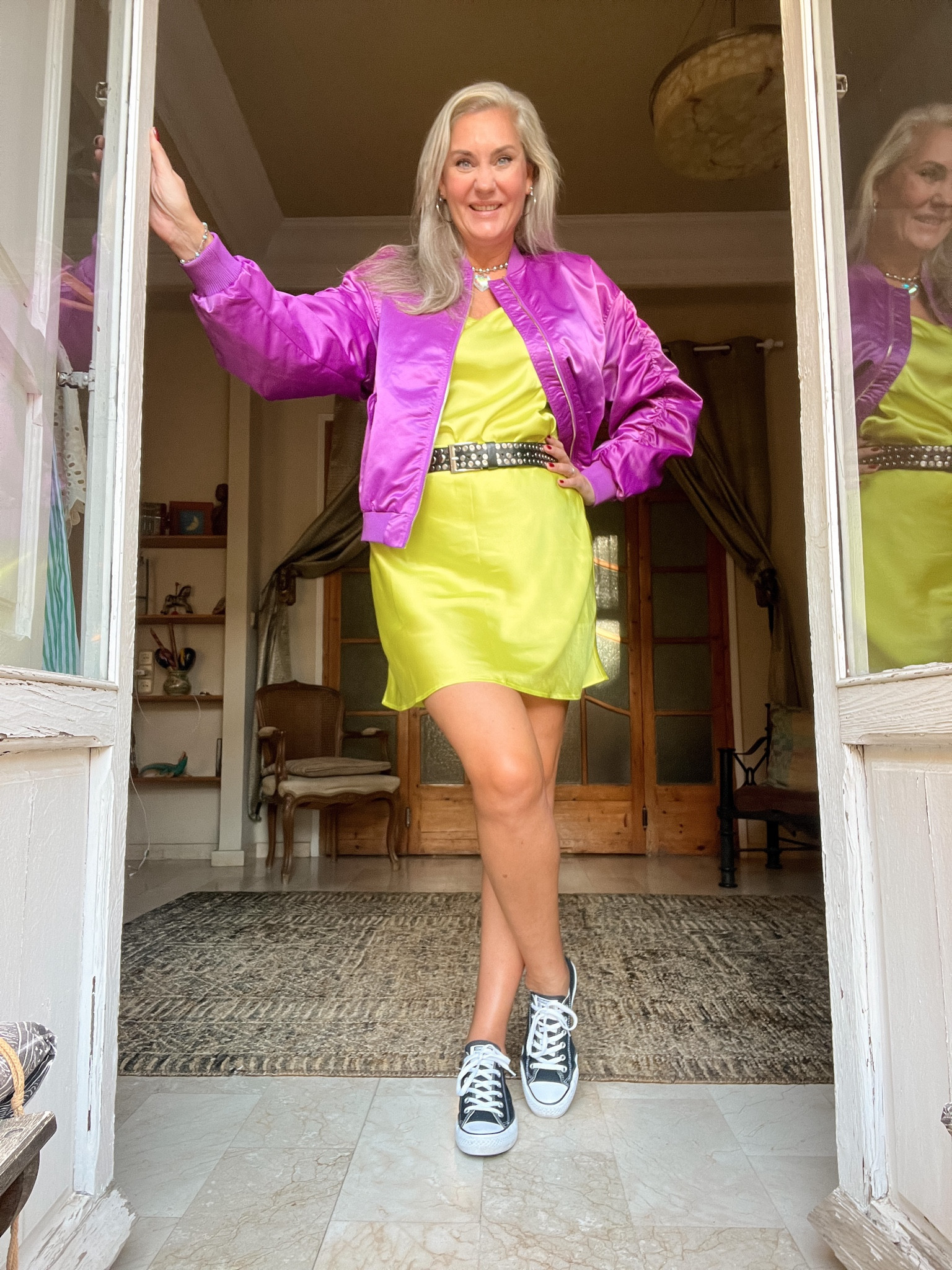 Ootd - Sunday. Satin chartreuse skirt and tank top (Wehkamp), studded belt (handmade, Marrakech), purple satin bomber (Harper & Yve), black Converse All Stars. 



#LTKtravel #LTKeurope #LTKstyletip