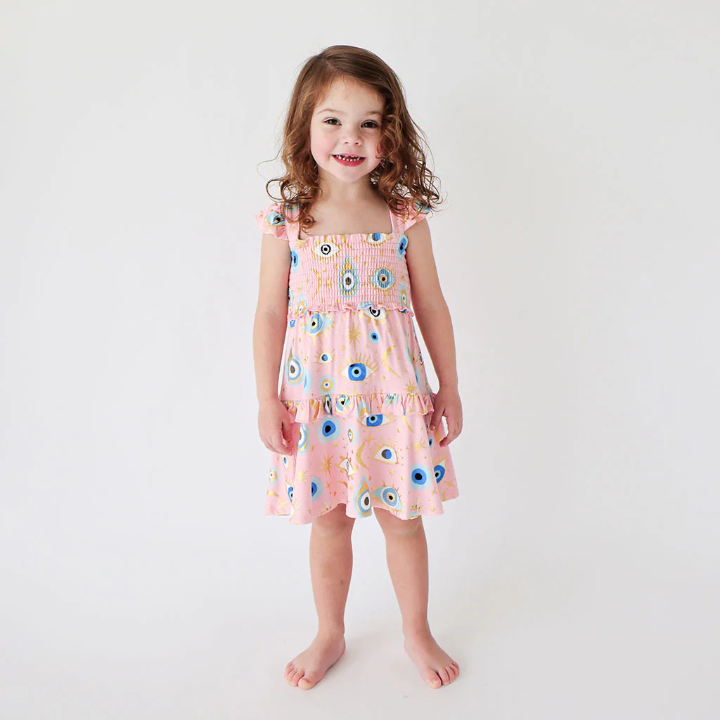 Evil Eye Pink Cap Sleeve Girl Twirl Dress | Posh Fiona | Posh Peanut