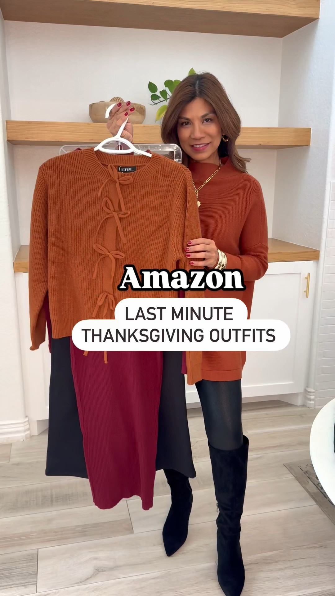 Last minute Thanksgiving outfits!
Outfit 1: Sweater in XS oversized fit in color Brown. My fav faux leather leggings in small. Black suede boots tts. Suede bag & accesories all linked.
Outfit 2: black shirt in small; skort in small color Floral Khaki; cardigan size small color Nutmeg: boots tts color Matte Brown.
Outfit 3: 2 piece skirt set in small; Coatigan in small, boots tts.
Outfit 4: Cardigan with bows in small tts; trouser style yoga pants in XS 29” length

Amazon finds, fall outfit, fashion over 50 midlife fashion, petite fashion, affordable fashion, style over 40, holiday outfits,
Black Friday Deals 

#LTKOver40 #LTKHoliday #LTKCyberWeek