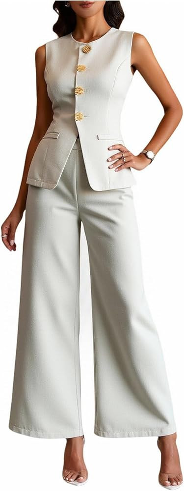 Women's 2 Piece Business Casual Outfits Elegant Button Up Blazer Vest and Wide Leg Pants Set | Amazon (US)