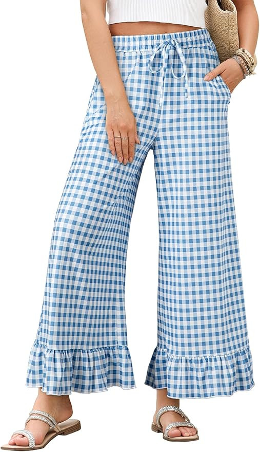 EVALESS Womens Wide Leg Pants Drawstring Elastic High Waisted Ruffle Hem Palazzo Pants with Pocke... | Amazon (US)