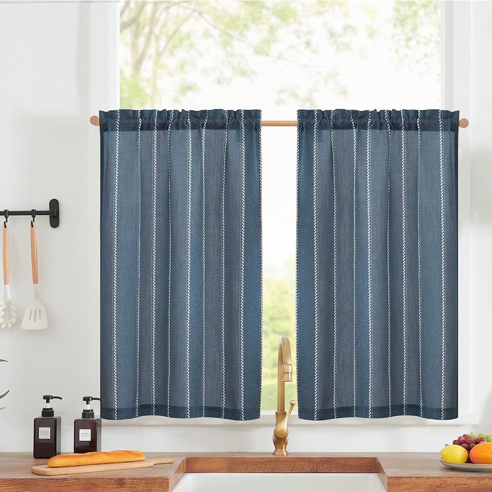 jinchan Nautical Kitchen Curtains Striped Linen Curtains 36 Inches Farmhouse Tier Curtains Cafe C... | Amazon (US)
