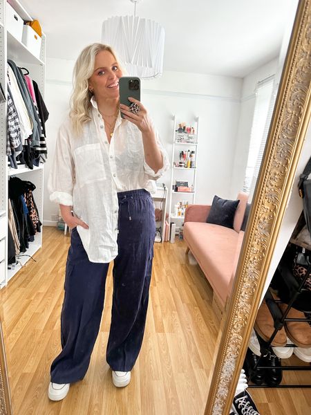 White oversized shirt, navy linen straight trousers pants, white trainers, casual outfit 

#LTKSeasonal #LTKeurope #LTKstyletip