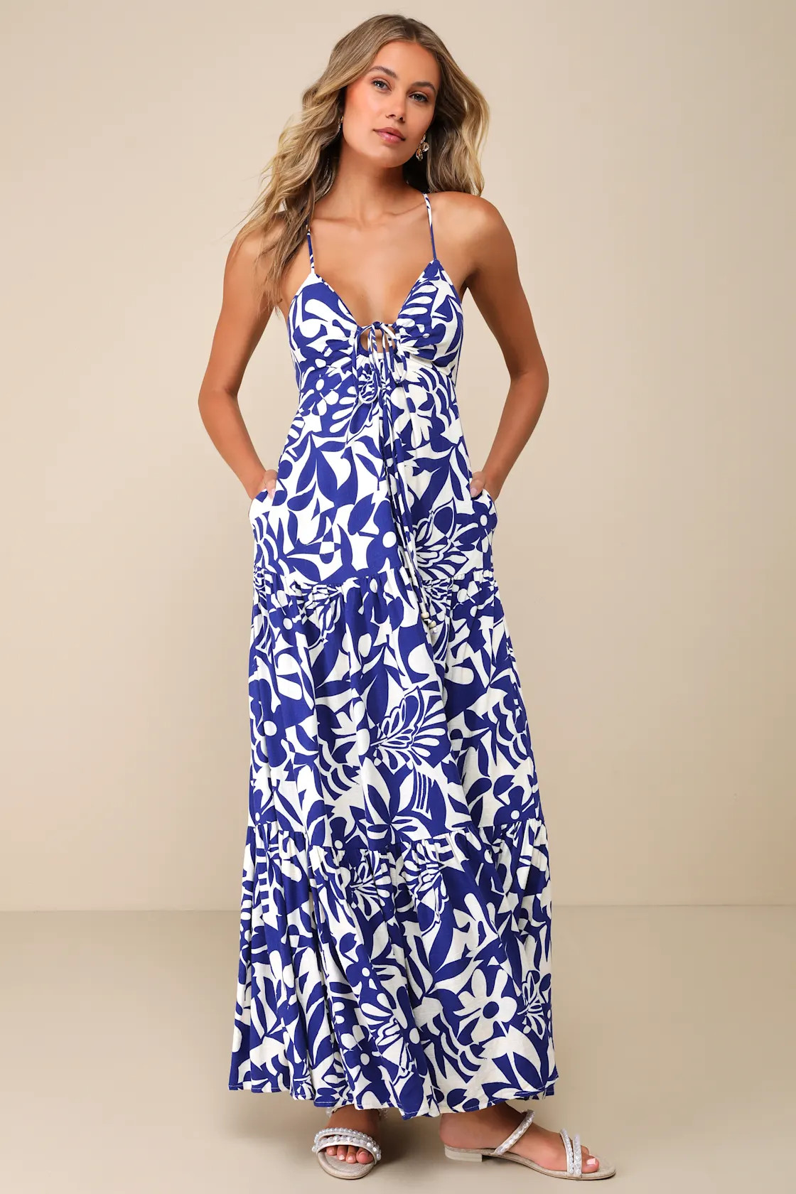 Mykonos Memories Blue and Ivory Abstract Maxi Dress With Pockets | Lulus