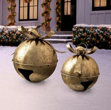 Gold Oversized Jingle Bell Décor Set of 2 with Antique Finish, Large and Medium Bells for Indoor Outdoor Christmas Decoration, Nesting Design with Stands | Amazon (US)