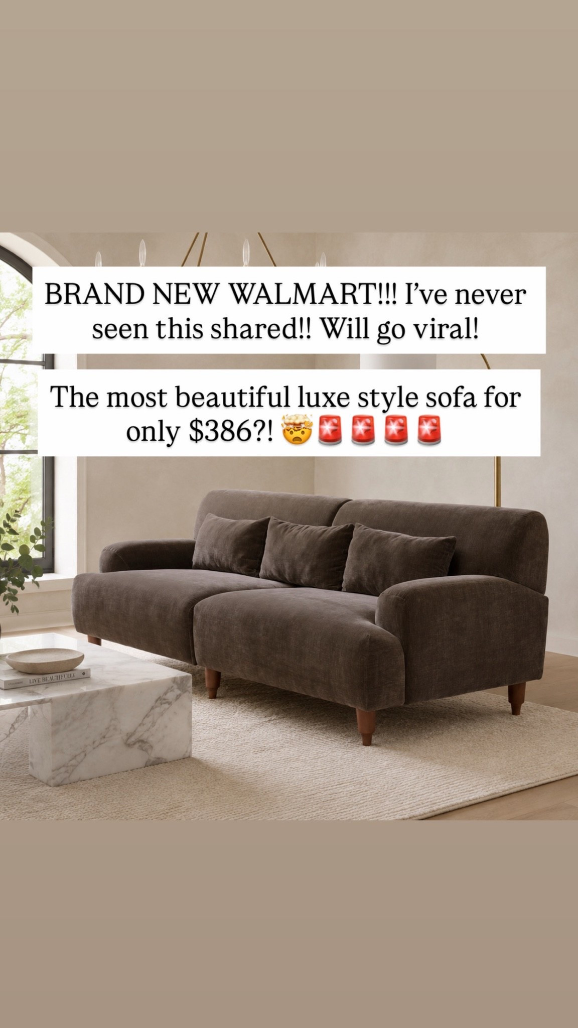 BRAND NEW WALMART!!! I’ve never seen this shared!! Will go viral! 

The most beautiful luxe style sofa for only $386?! 🤯🚨🚨🚨🚨