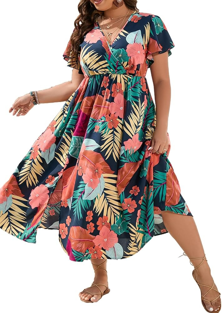 Floerns Women's Plus Size Boho Hawaiian Tropical Dresses V Neck Short Sleeve Floral A Line Long D... | Amazon (US)
