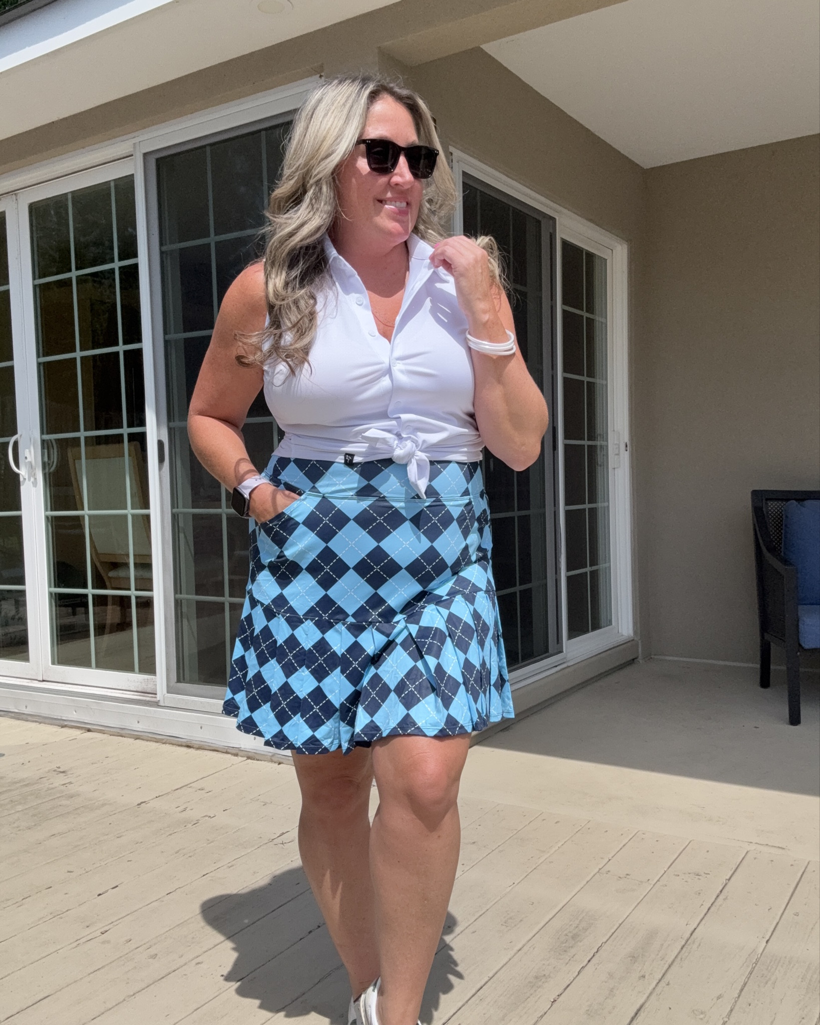 Super cute pickleball outfit! 
Love the classic argyle print paired with this chis white sleeveless button down shirt! 🩵🤍

#LTKActive #LTKOver40 #LTKMidsize