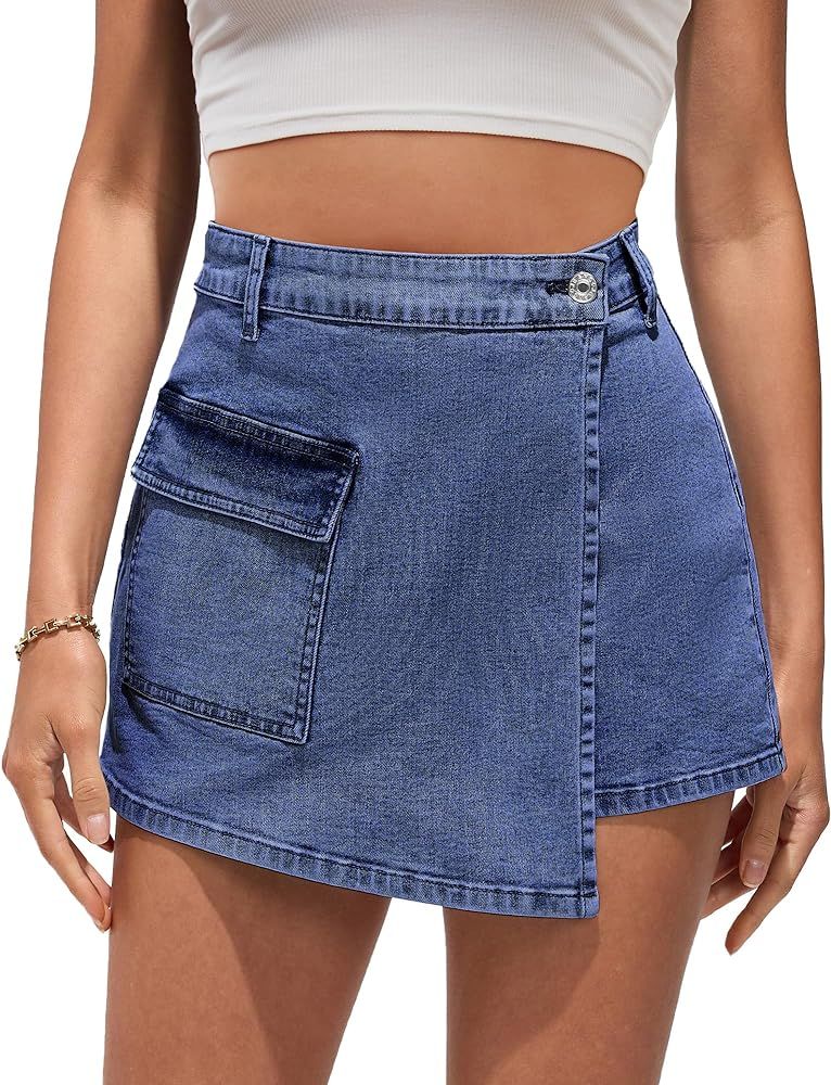 luvamia Denim Skorts for Woman Cargo Faux Wrap Jean Skort Skirts Stretchy High Waisted Skirt Shor... | Amazon (US)