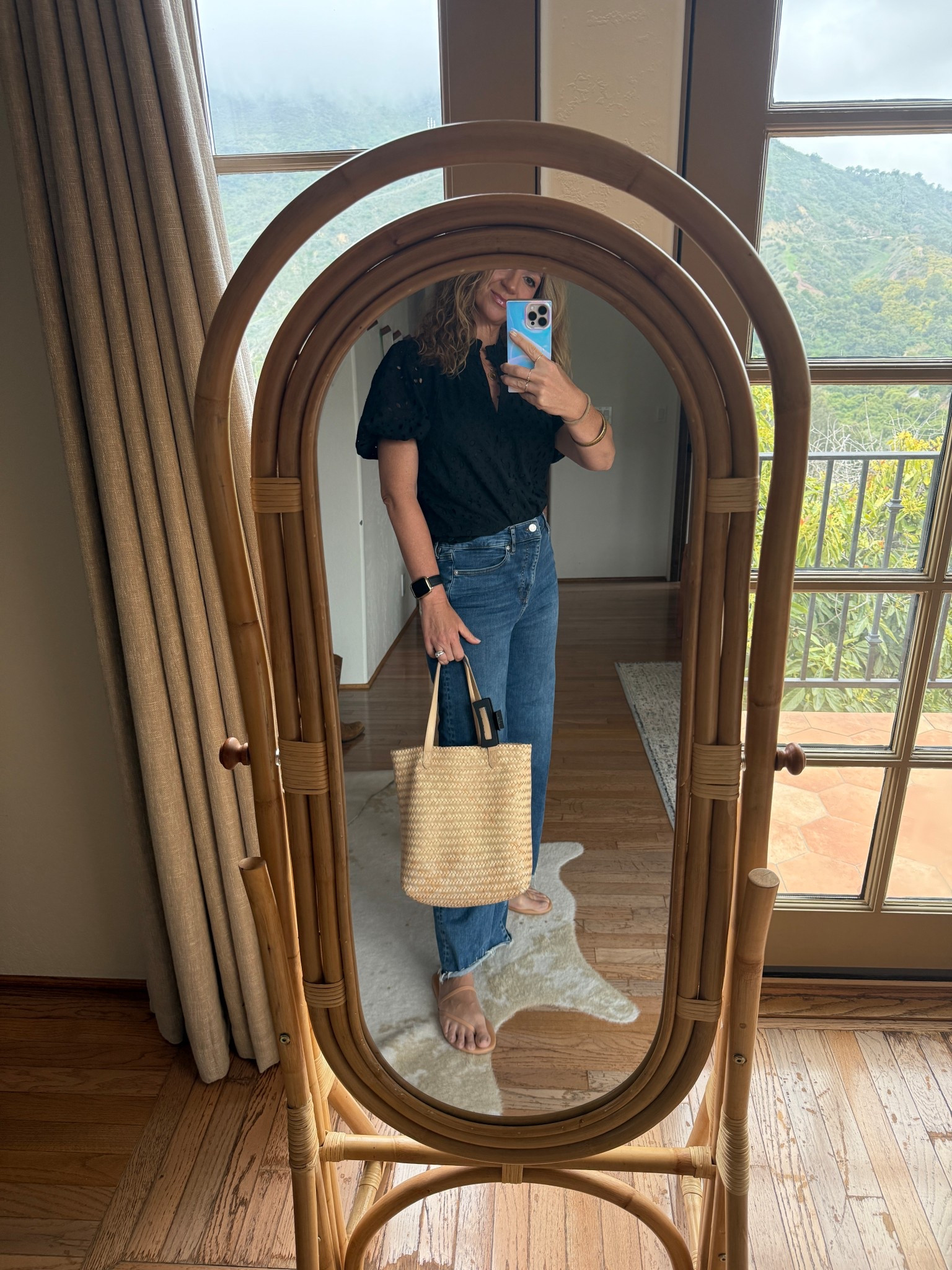 My favorite Amazon purchase and some of my favorite soft jeans paired up today. Showing you this top styled for a day date outfit. It’s $38, eyelet, lined and has the cutest neckline and buttons. I really like the quality. I’m wearing a small. 

These jeans are super soft, wide leg but also more fit and tapered through the hip and thigh. 

This outfit is perfect for a spring outfit, errand outfit or casual summer date outfit. Would also be cute for a vacation outfit! 

Jeans run tts. 

#LTKFindsUnder50 #LTKStyleTip #LTKOver40