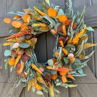 Fall Harvest Wreath For Front Door, Autumn Foliage Decor Thanksgiving, Rust Orange Fall With Eucalyptus, Pinecones & Wheat | Etsy (US)