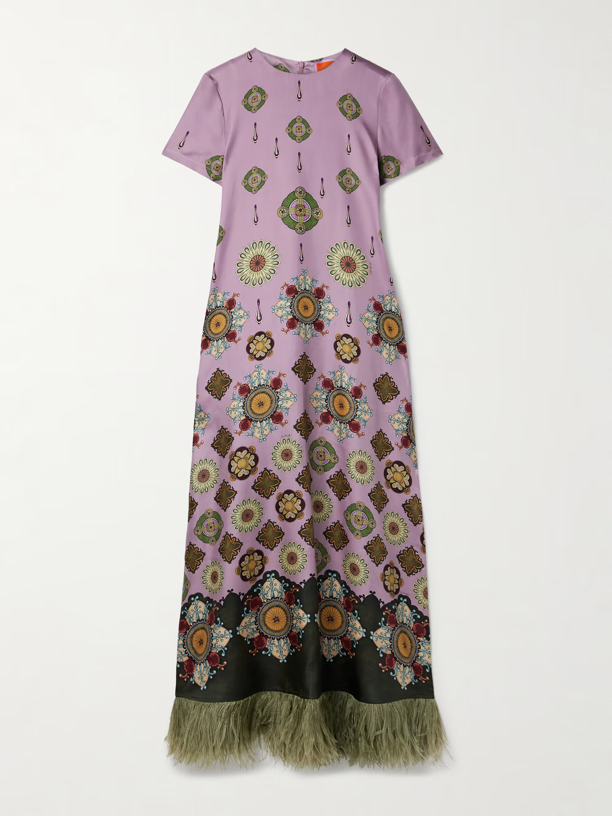 Swing feather-trimmed printed silk-twill maxi dress | NET-A-PORTER (US)