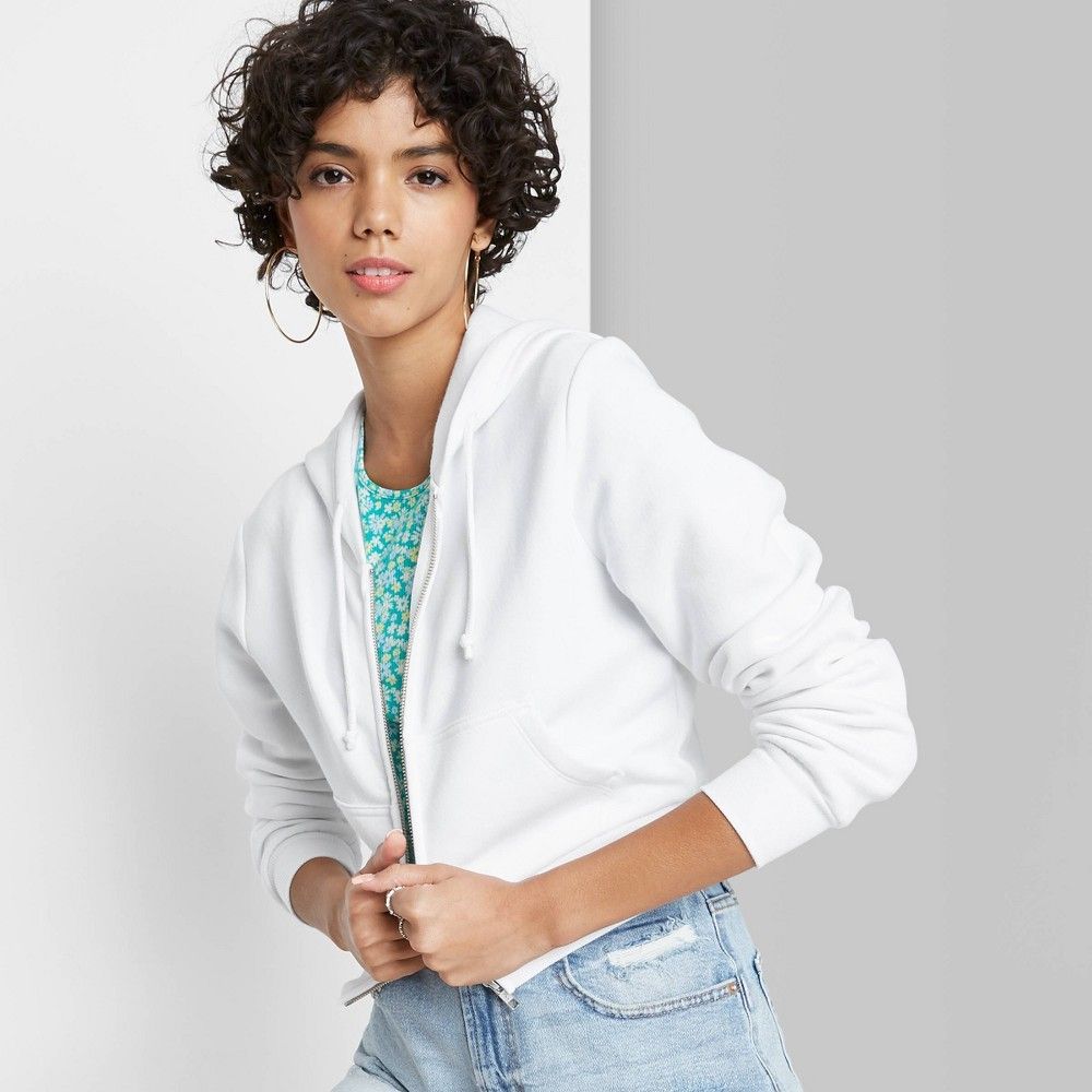 Women's Cropped Zip-Up Hoodie - Wild Fable White XXL | Target