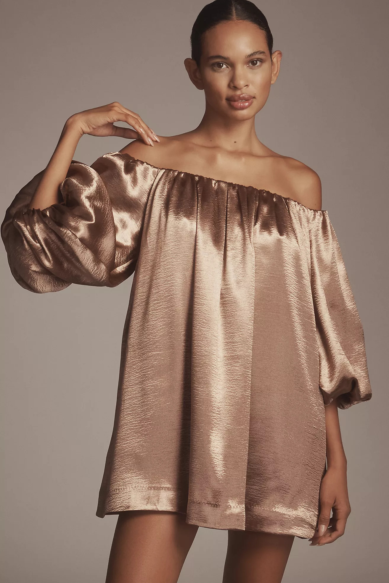 @heynasreen x Mare Mare Off-The-Shoulder Puff-Sleeve Shine Mini Dress | Anthropologie (US)