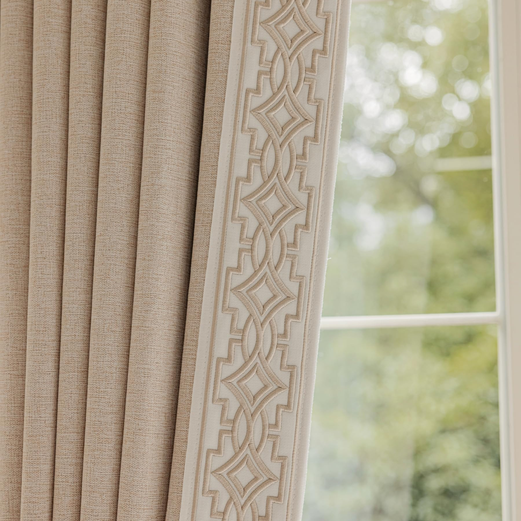 Soft Beige Linen Blend Curtains with Embroidery Trim - Blackout, Pinch Pleat, Memory Trained, 2 P... | Amazon (US)