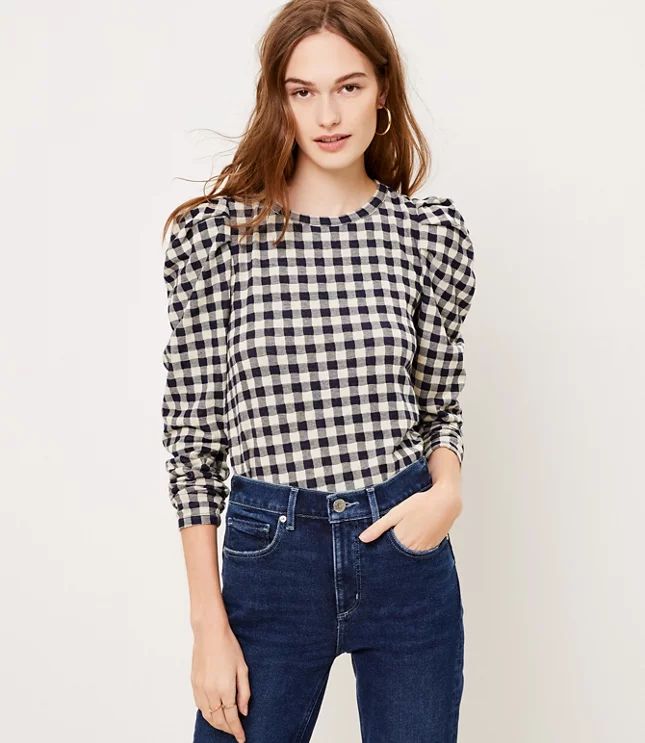 Gingham Pleated Puff Sleeve Top | LOFT