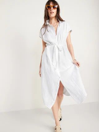 Puff-Sleeve Waist-Defined Midi Shirt Dress for Women | Old Navy (US)