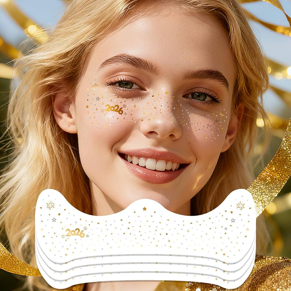 2026 New Year Freckles Face Tattoo - Glittering 2026 Stars in Gold & Silver | Waterproof Face Gem... | Amazon (US)
