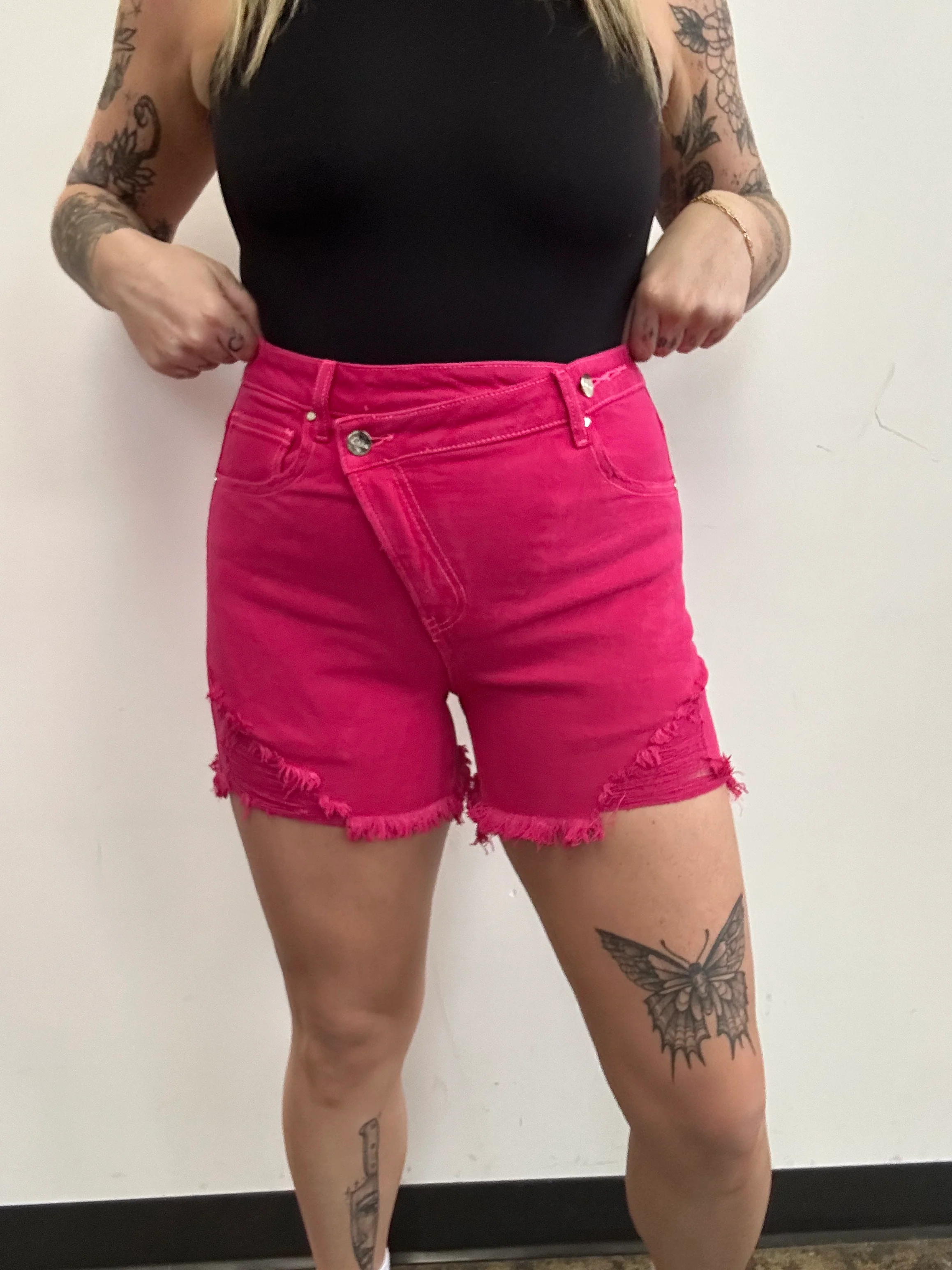 Lindsey Asymmetrical Distressed Shorts- Fuchsia | Willow Boutique