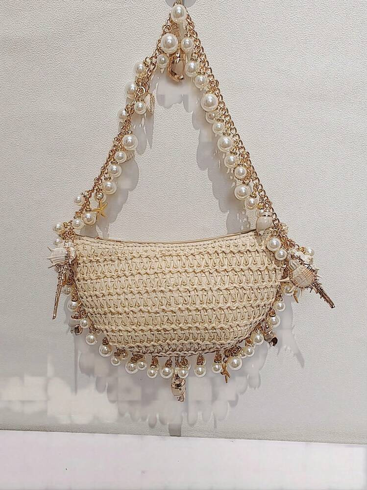 European And American Niche Fairy Vintage Braided Woven Conch Pearl HandbagTready Bride Bag, Perfect For Party,Wedding, Prom,Dinner/Banquet, Matching With Wedding Dress, Formal Dresses, Prom Dress, Birthday Dress, Party Dress, Elegant Pearl Clutch, Prom Bag | SHEIN