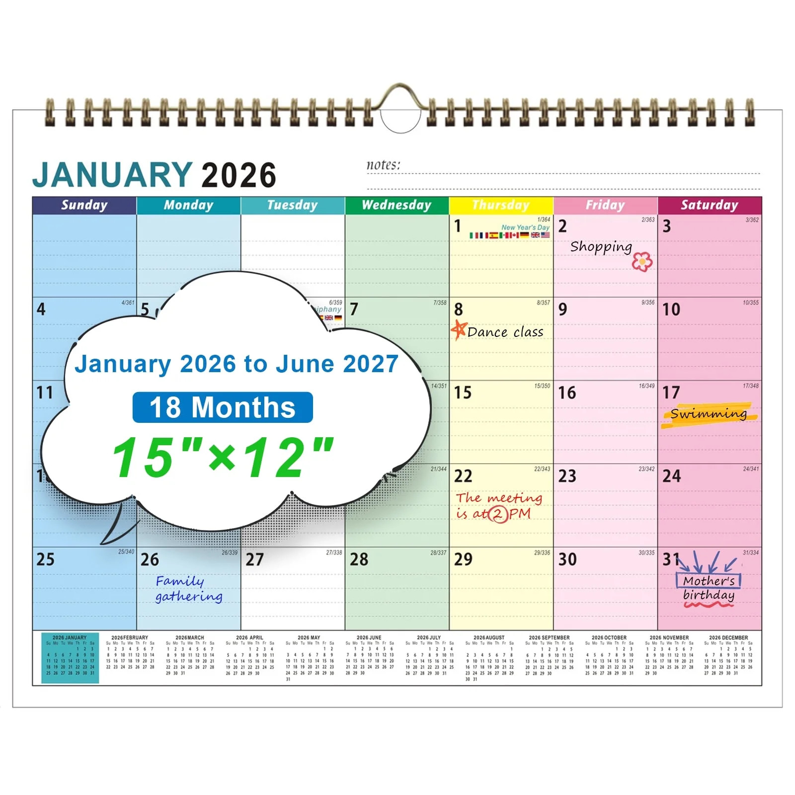 JILoffice 2026 Wall Calendar, 18 Months Calendar from Jan 2026 to Jun 2027, Large Monthly Calenda... | Walmart (US)