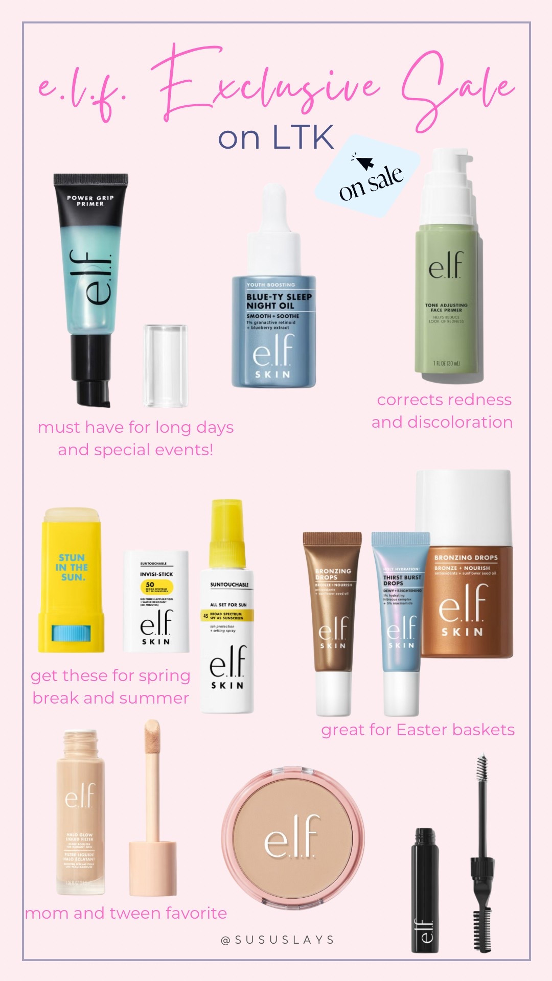 The elf exclusive sale on LTK is here!!!! 
So many viral products that we use and love - the power grip and color correcting primer, sun protection, bronzer and glow drops, and more! 
Make sure you copy the promo code through LTK! 

#LTKSpringSale #LTKBeauty #LTKSaleAlert
