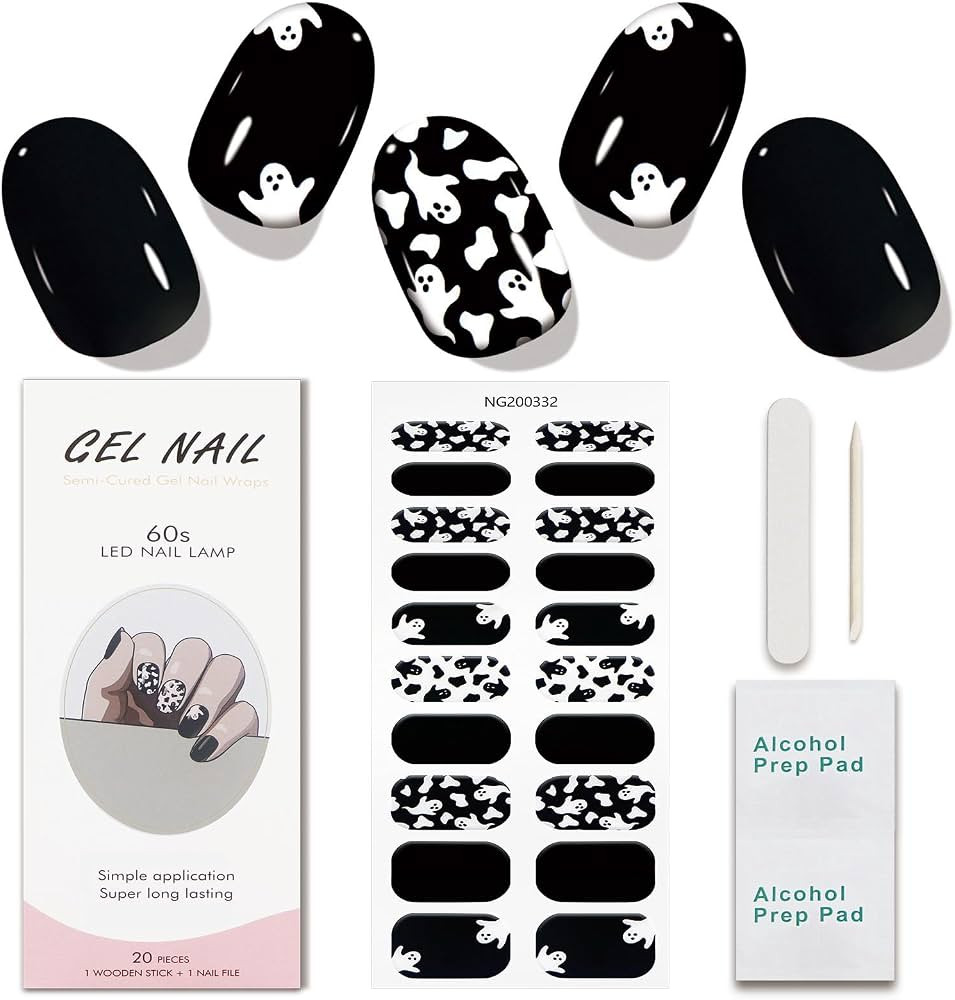 JMEOWIO Semi Cured Gel Nail Strips Halloween Black White Cute Ghost Gel Nail Stickers Nail Suppli... | Amazon (US)