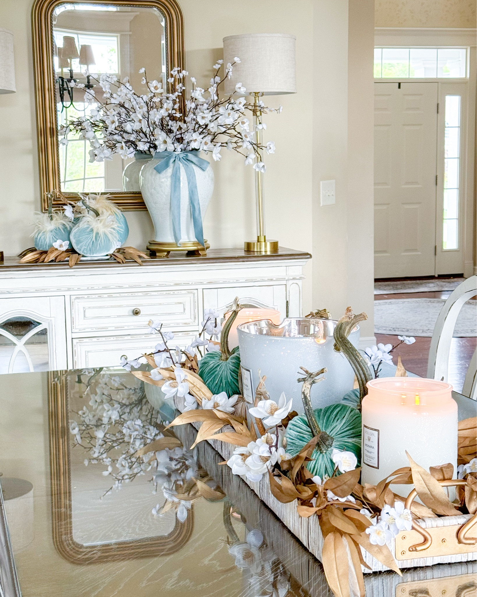 Shop my fall centerpiece!

Coastal fall, spa blue, traditional home decor, fall tablescape ideas, Walmart finds, Voluspa candles, magnolia stems, velvet pumpkins, gold riser, marble tray, rectangular tray, gold eucalyptus, buffet lamps, gold mirror, rattan tray, hot skwash 

#LTKStyleTip #LTKSeasonal #LTKHome