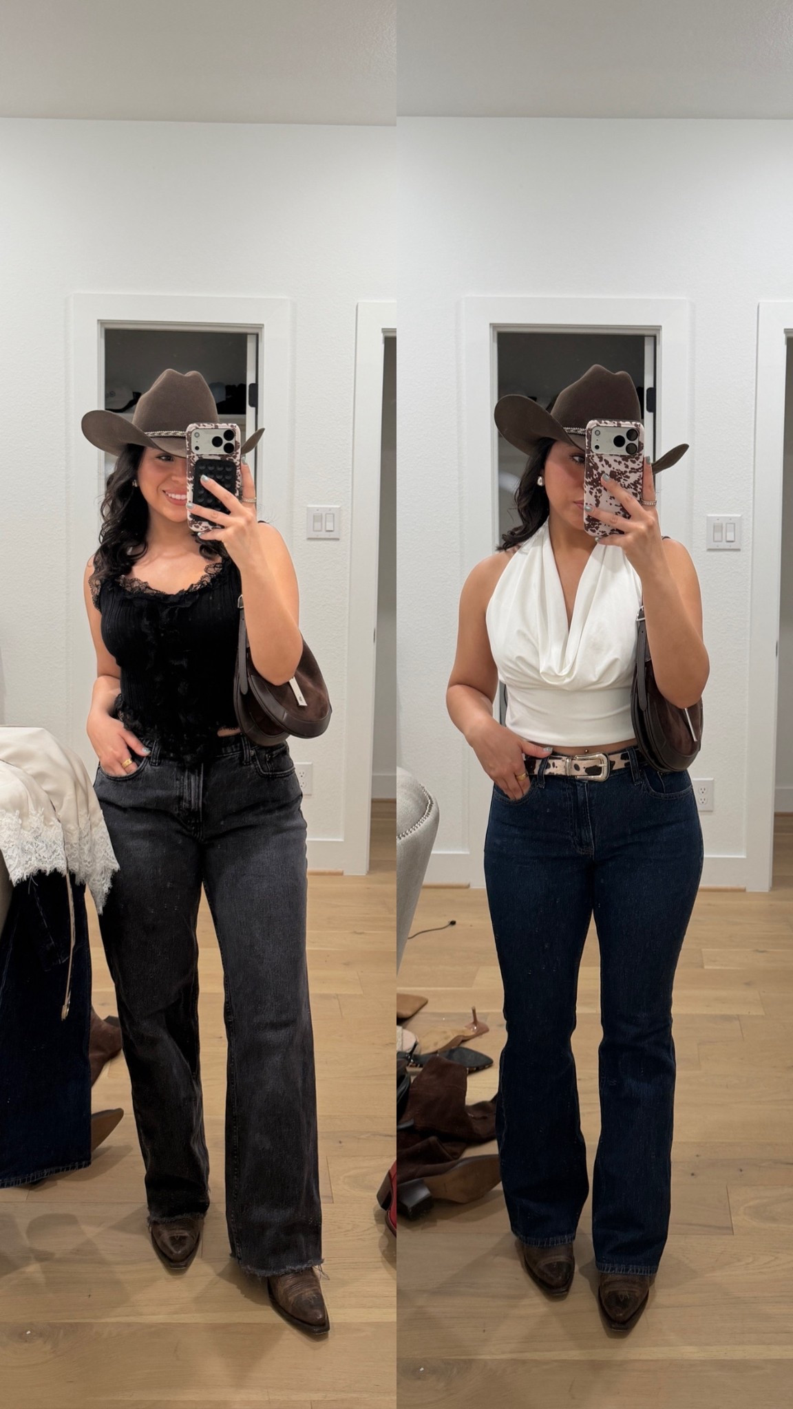 Bootcut jeans: 27 short 
Backless top: 4 
Black baggy jeans: 26 short 
Lace trim tank: XS 
Red boots: 6.5 
Silver pendant belt
Cow print belt 
Rodeo outfit 
Country concert outfit 
Stagecoach outfits

#LTKSpringSale #LTKgrwm #LTKootd
