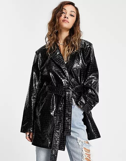 ASOS DESIGN croc belted mom jacket in black | ASOS (Global)