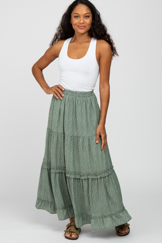 Mint Green Floral Chiffon Ruffle Tiered Maxi Skirt | PinkBlush Maternity