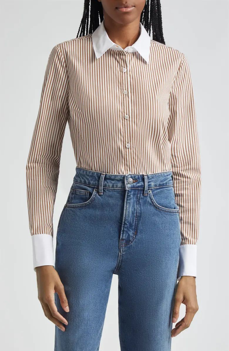 Marisol Stripe Contrast Detail Cotton Blend Button-Up Shirt | Nordstrom