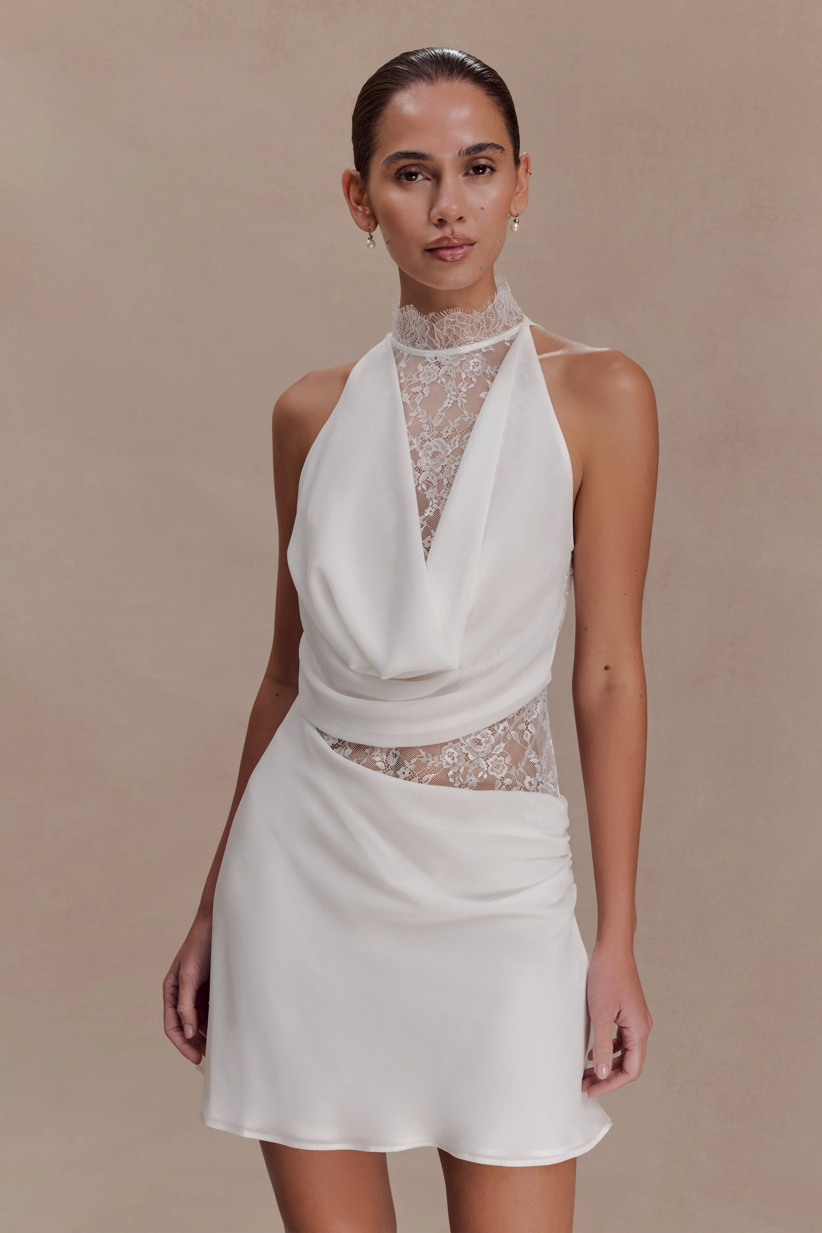 Arra Chiffon And Lace Halter Mini Dress - White | MESHKI US