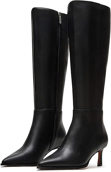 Kitten Heel Knee High Boots Women-Pointed Toe Faux Leather Stiletto Side Zipper Long Tall Dress B... | Amazon (US)