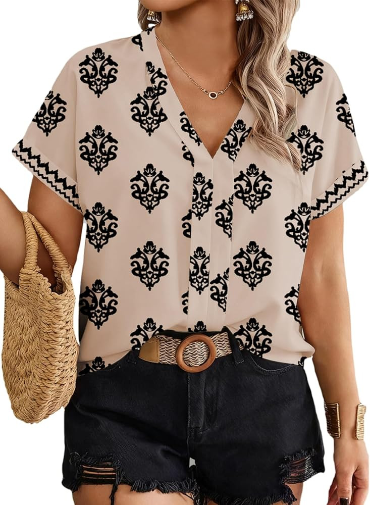 Eytino Womens Plus Size Tops Short Sleeve V Neck Blouses Loose Summer Bohemian Floral Print Chiff... | Amazon (US)