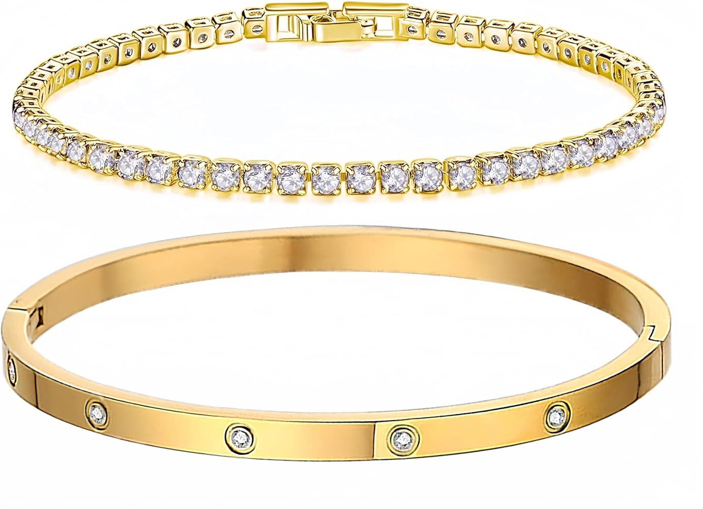 18K Gold Plated Dainty Tennis Bracelets Set 4mm/6mm Love Bangle Bracelets with 3mm/4mm Cubic Zirc... | Amazon (US)