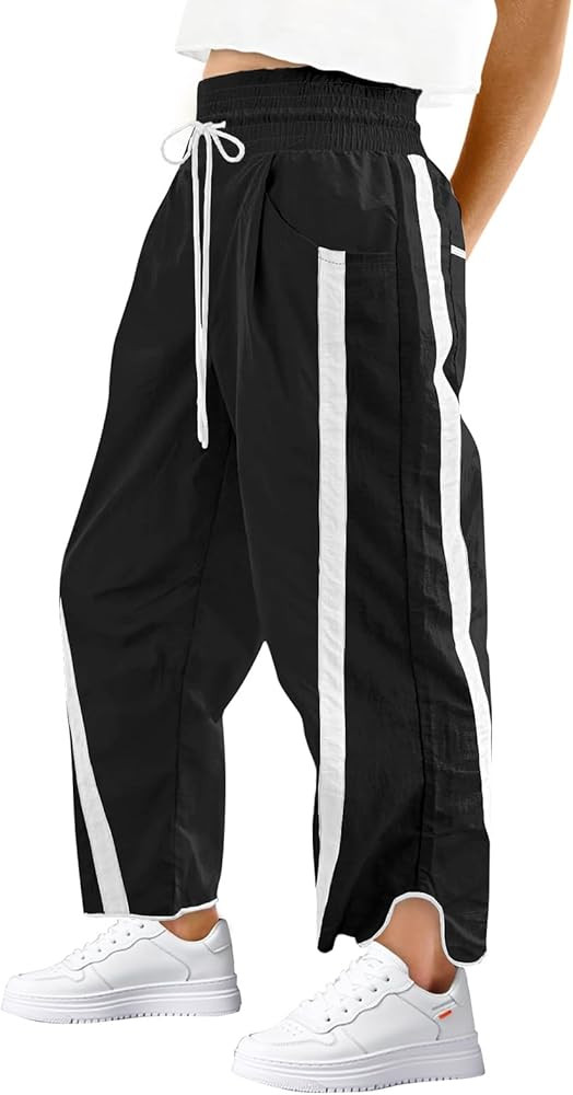 Womens Wide Leg Pants Baggy Drawstring Elastic Waist Stripe Casual Track Pants | Amazon (US)