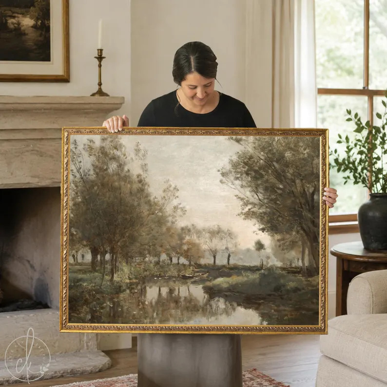 Fall Landscape Painting | Vintage Pond Wall Art | Large Ornate Gold Framed Canvas Print | N204 | Etsy (Global)