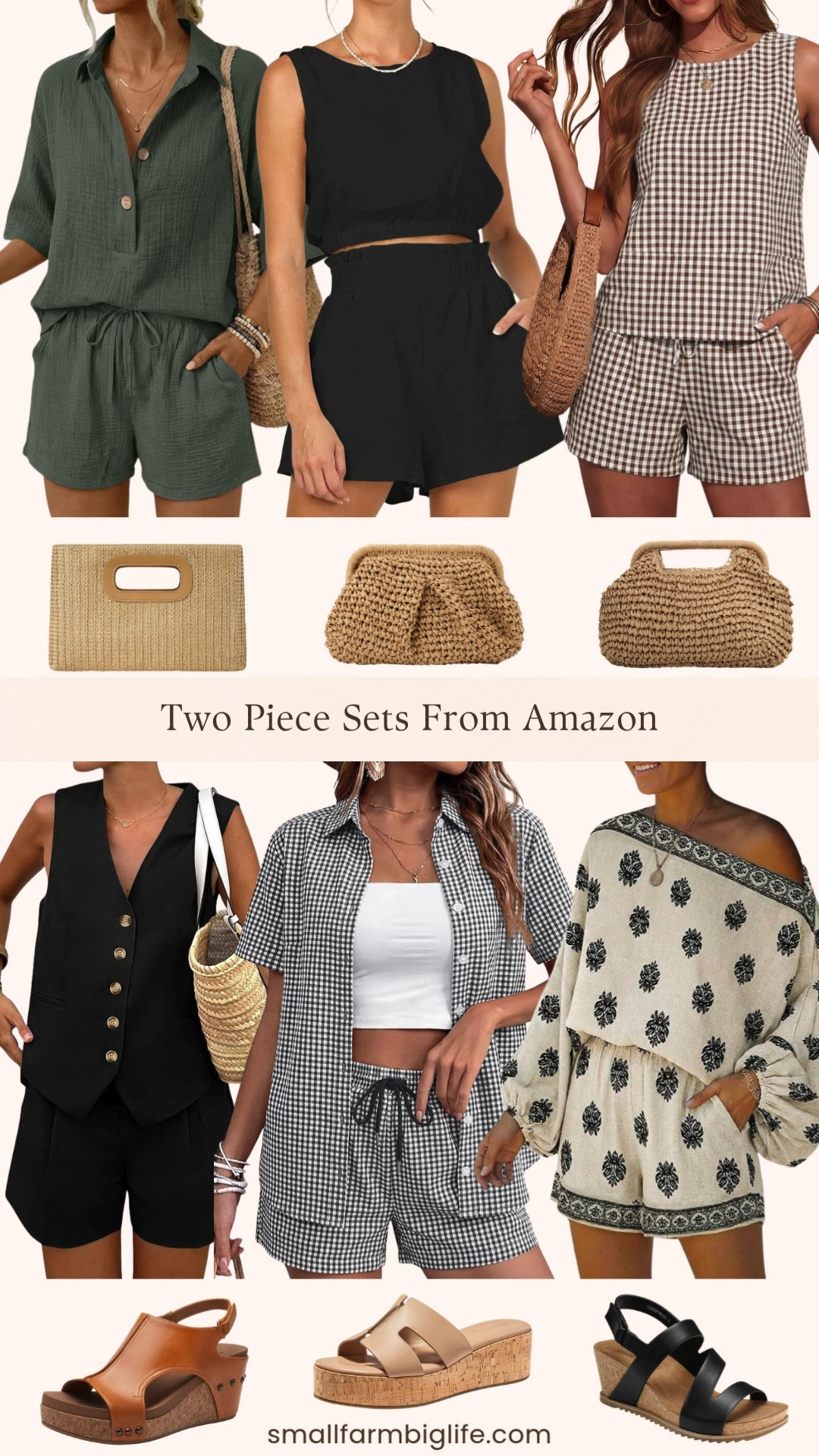 Putting together the perfect summer outfit just got so much easier! I rounded up my favorite two piece sets, wedge sandals, and straw clutches from Amazon so you can shop the whole look in one place. From gingham button down sets and boho linen tops with shorts to classic black matching sets, platform wedge sandals in every neutral tone, and the prettiest woven straw clutches, these are the effortless and stylish pieces that work together beautifully for vacation, weekends, and everything in between. Linking everything below! 

 #LTKootd #LTKOver40 #LTKTravel