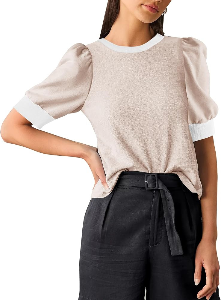 Summer Ribbed Knit Tops for Women Casual Pullover Short Sleeve T-Shirts Elegant Color Block Tops ... | Amazon (US)