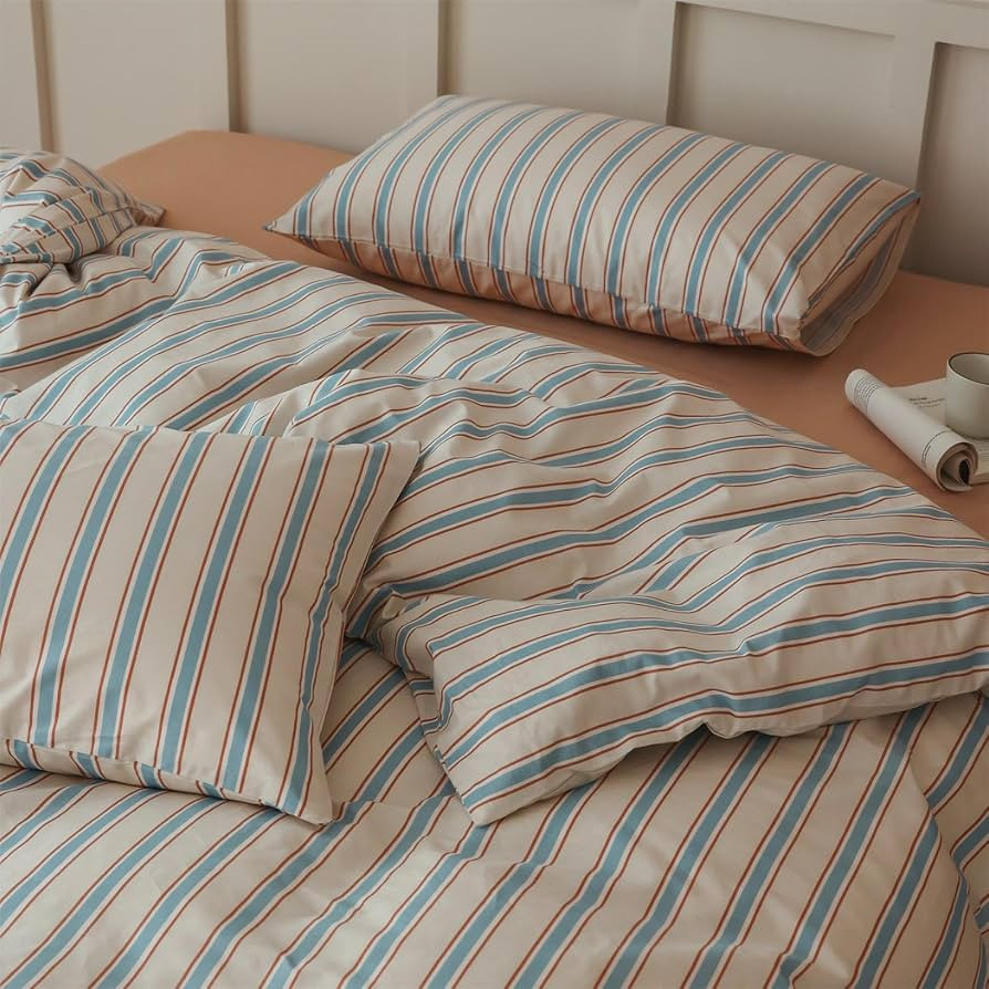 LifeTB Striped Duvet Cover Set Queen 3 Pieces Blue Brown Stripes Pattern Printed Bedding Set 100%... | Amazon (US)