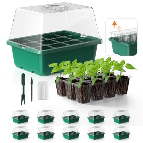 POROLIR Seed Starter Tray, 10PCS Seed Starter Kit, Seedling Starter Trays with Heightened Lids for Seed Staring, Indoor Gardening Plant Germination Trays (12 Cells per Tray) Green | Amazon (US)
