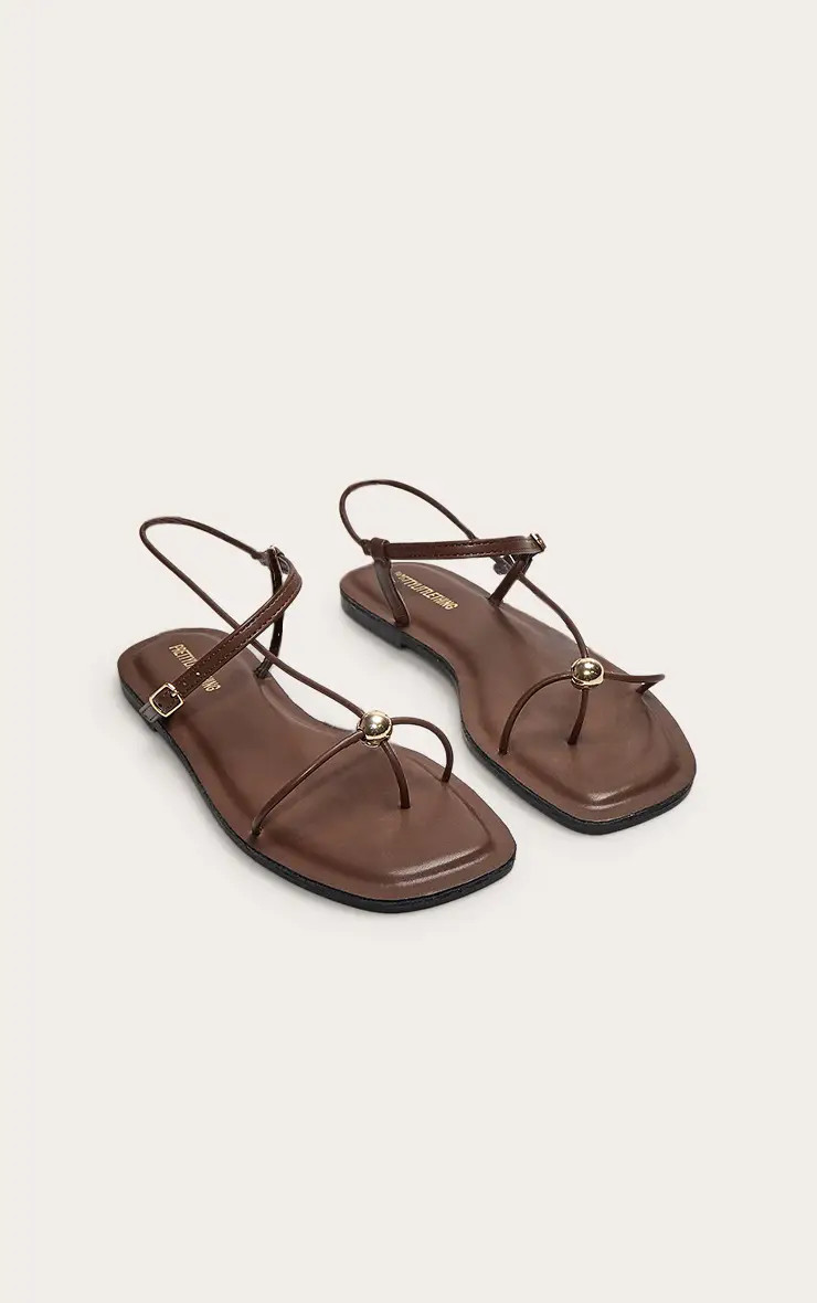 Chocolate PrettyLittleThing Pu Square Toe Thong {colour} Trim Flat Sandals | Boohoo | Boohoo.com (UK & IE)