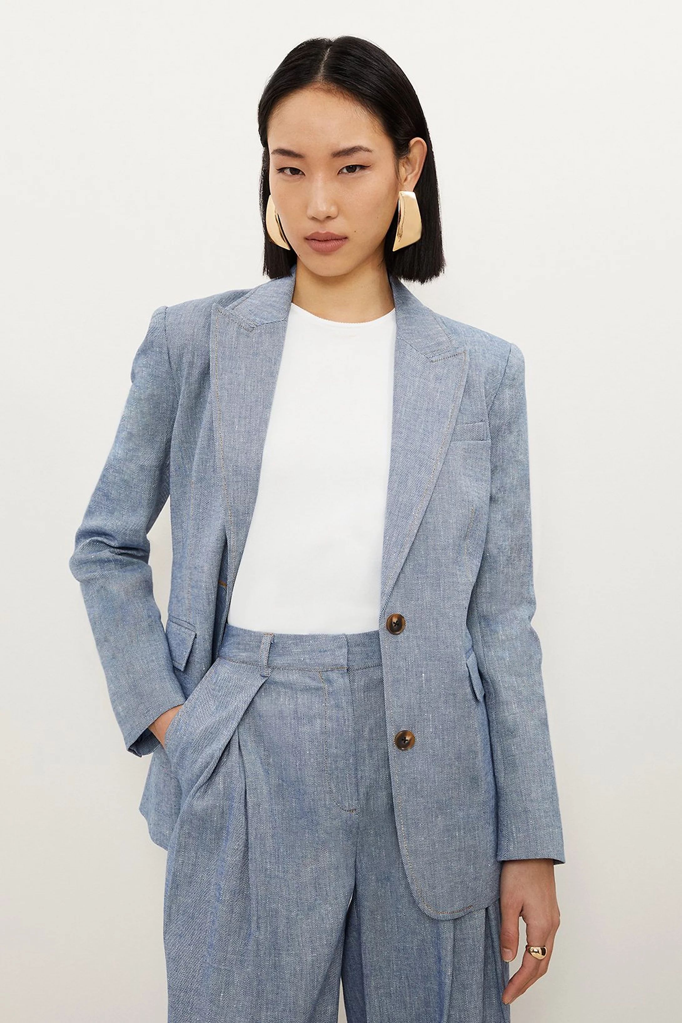 Tailored Denim Look Linen Single Breasted Jacket | Karen Millen US