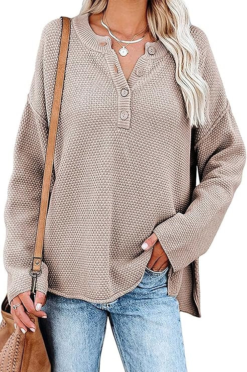 Cisisily Womens V Neck Long Sleeve Sweaters Casual Loose Fitted Solid Color Pullover Knitted Tops | Amazon (US)