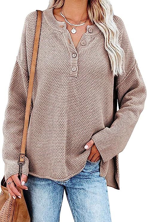 Cisisily Womens V Neck Long Sleeve Sweaters Casual Loose Fitted Solid Color Pullover Knitted Tops | Amazon (US)