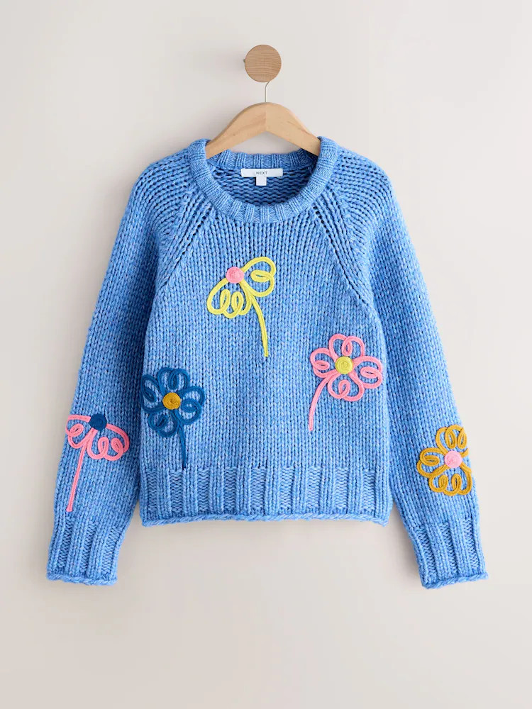 Bright Blue Floral Chunky Knit Crew Neck Jumper With Wool | Next US